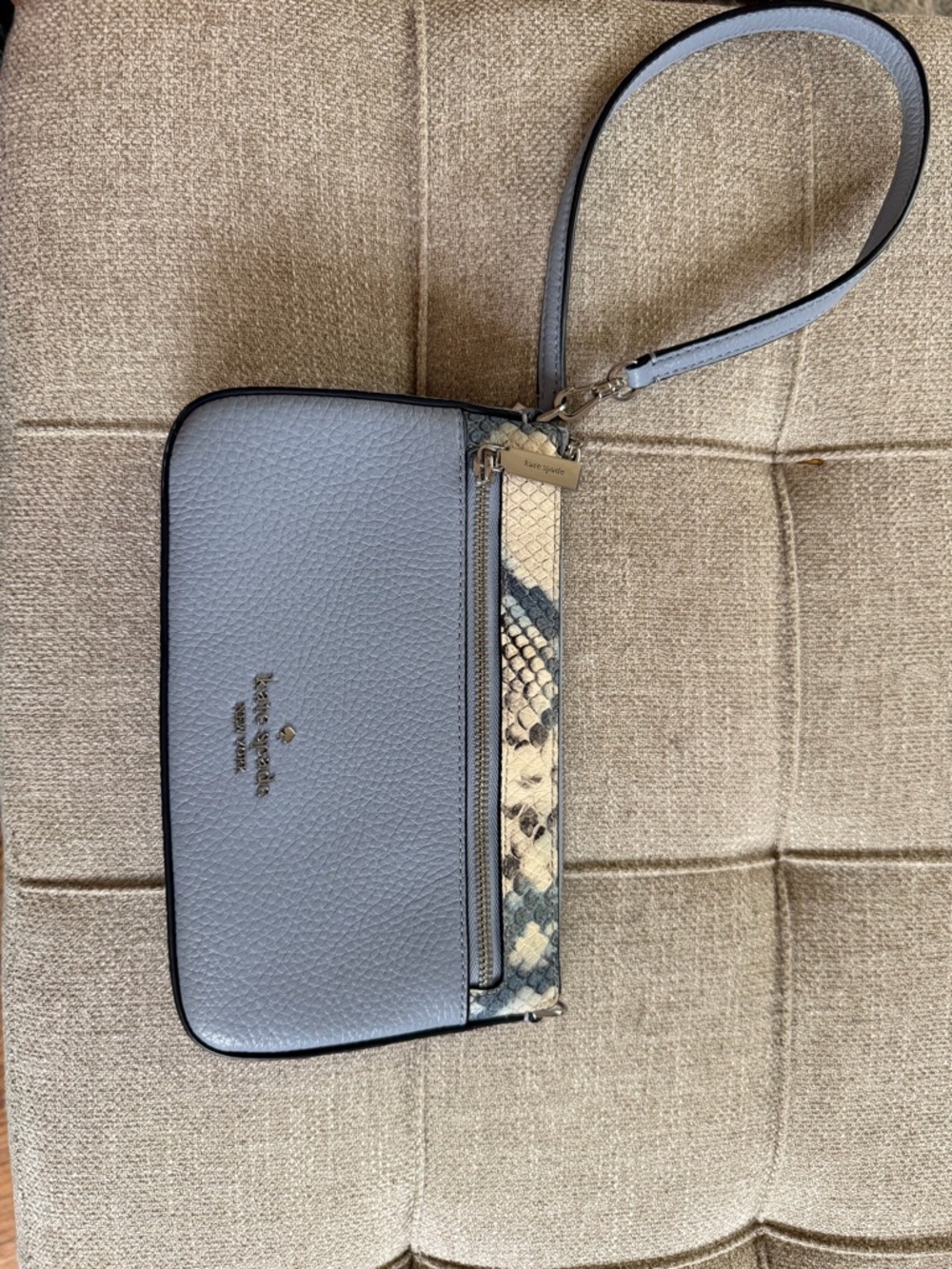 kate spade Light Blue Pebbled Leather Wristlet with Snake-Print Trim